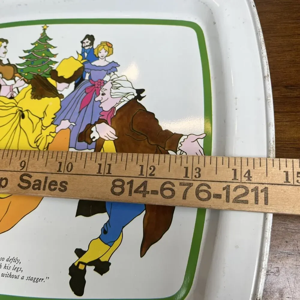 (2) Vintage A Christmas Carol Charles Dickens White Tin Trays, Holiday Decor Fun